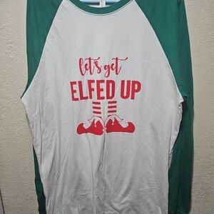 Men's Green and White 'Let's Get Elfed Up' Long Sleeve Tee XL Ugly Christmas